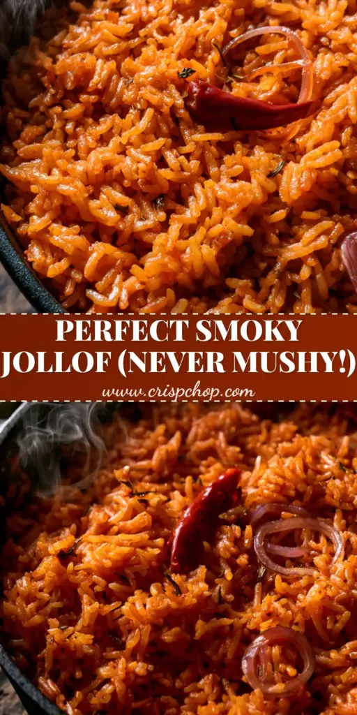 A steaming pot of Nigerian Jollof Rice with long grains, a whole scotch bonnet, and red onions in a cast iron pot. (Nigerian Jollof Rice)