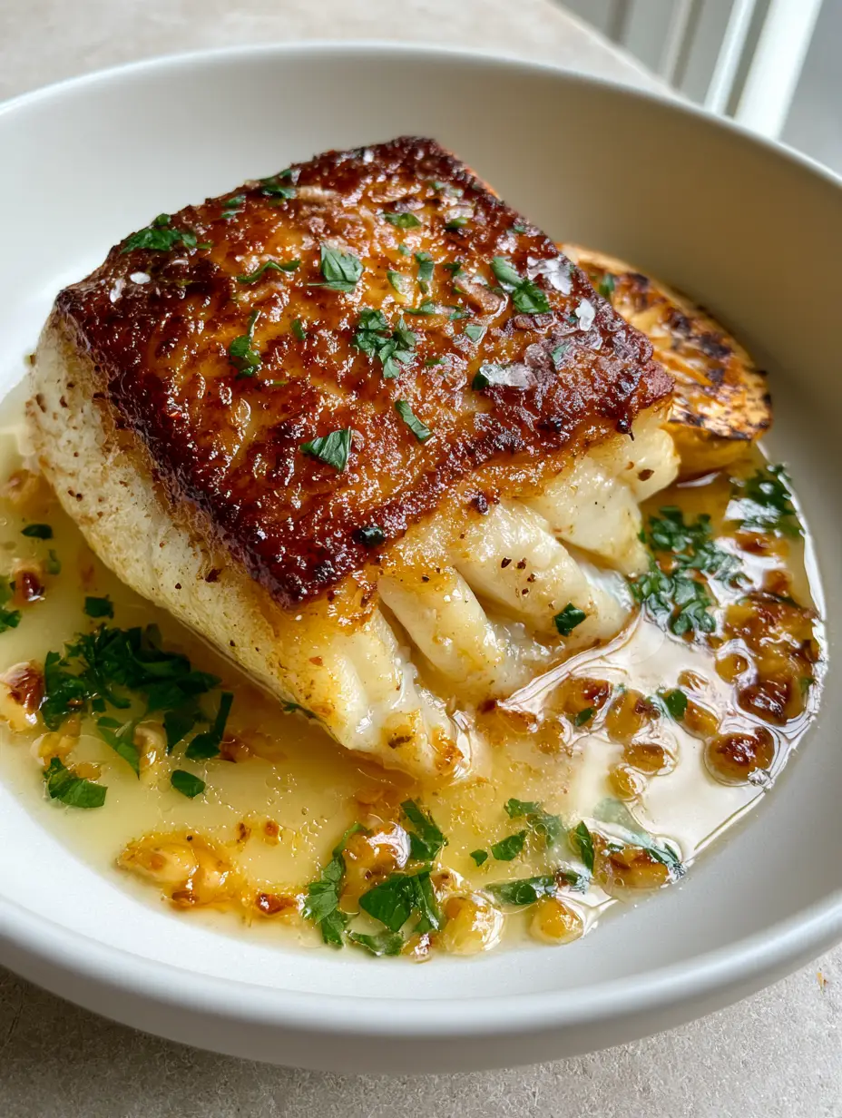 Premium pan-seared Chilean sea bass fillet showing moist white flakes and a golden crust in a white bowl. (Chilean sea bass recipe)
