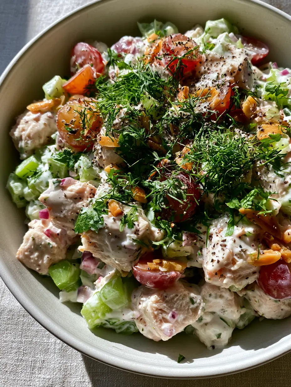 Overhead view of tender poached chicken breast cubes in a glossy Greek yogurt dressing. (chicken salad recipe)