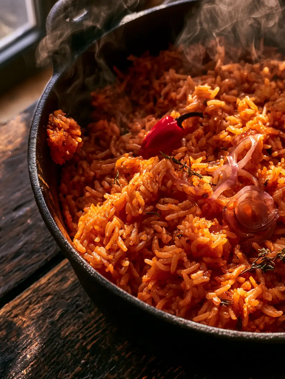 Extreme close-up of individual grains of Nigerian Jollof Rice glistening with tomato sauce and thyme flecks. (Nigerian Jollof Rice)