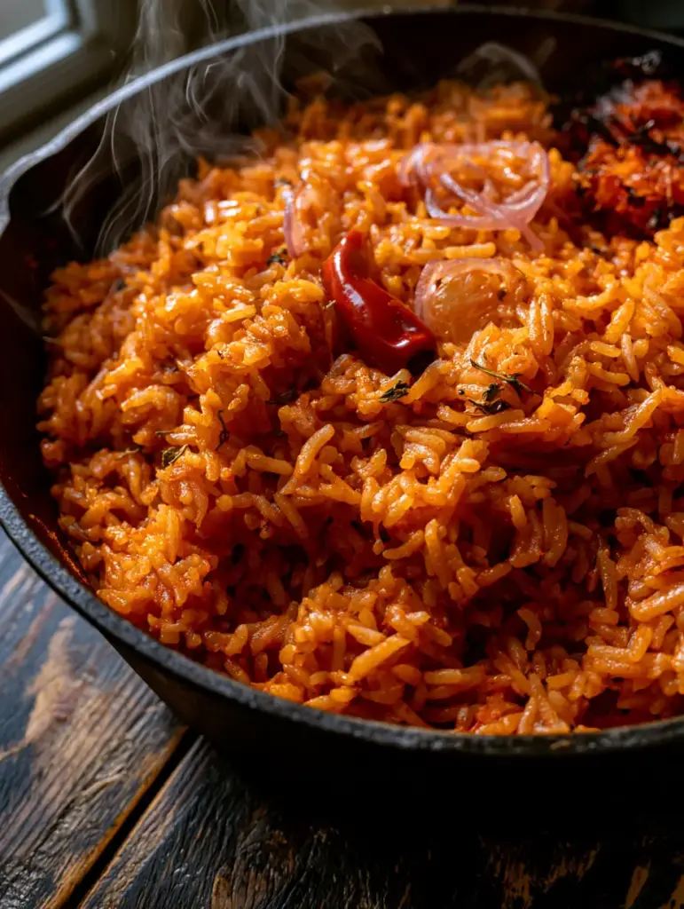 A close-up of charred bottom-pot rice bits in a heavy pot of Nigerian Jollof Rice.