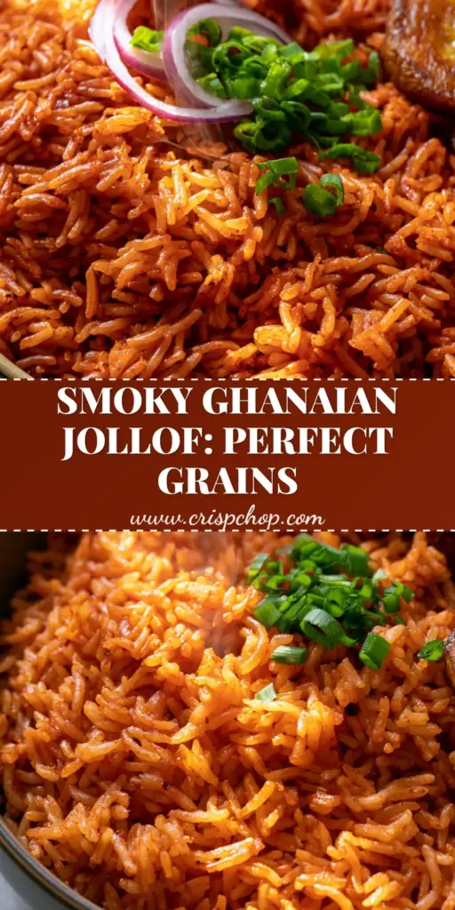 A close-up shot of Ghanaian jollof rice with perfectly separated grains, served with charred chicken and fried plantains.