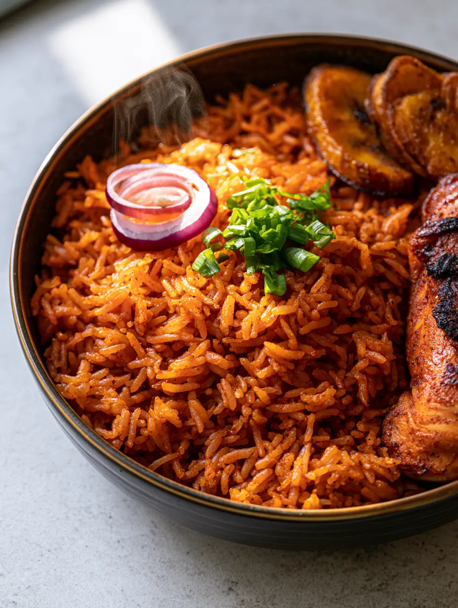 Top-down view of Ghanaian jollof rice in a dark ceramic bowl, showing individual grains and steam.