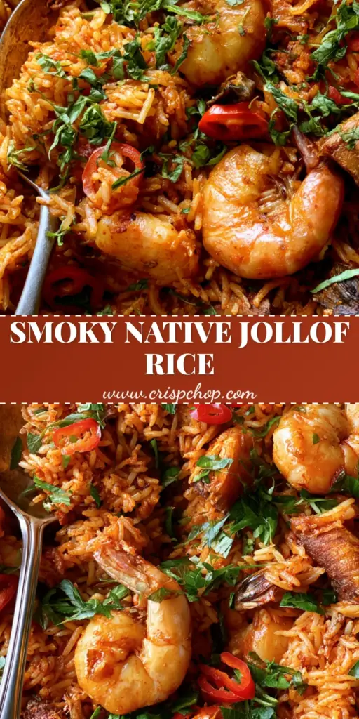 A close-up shot of Native Jollof Rice in a black cast iron pot with jumbo prawns, smoked fish, and scent leaves.
