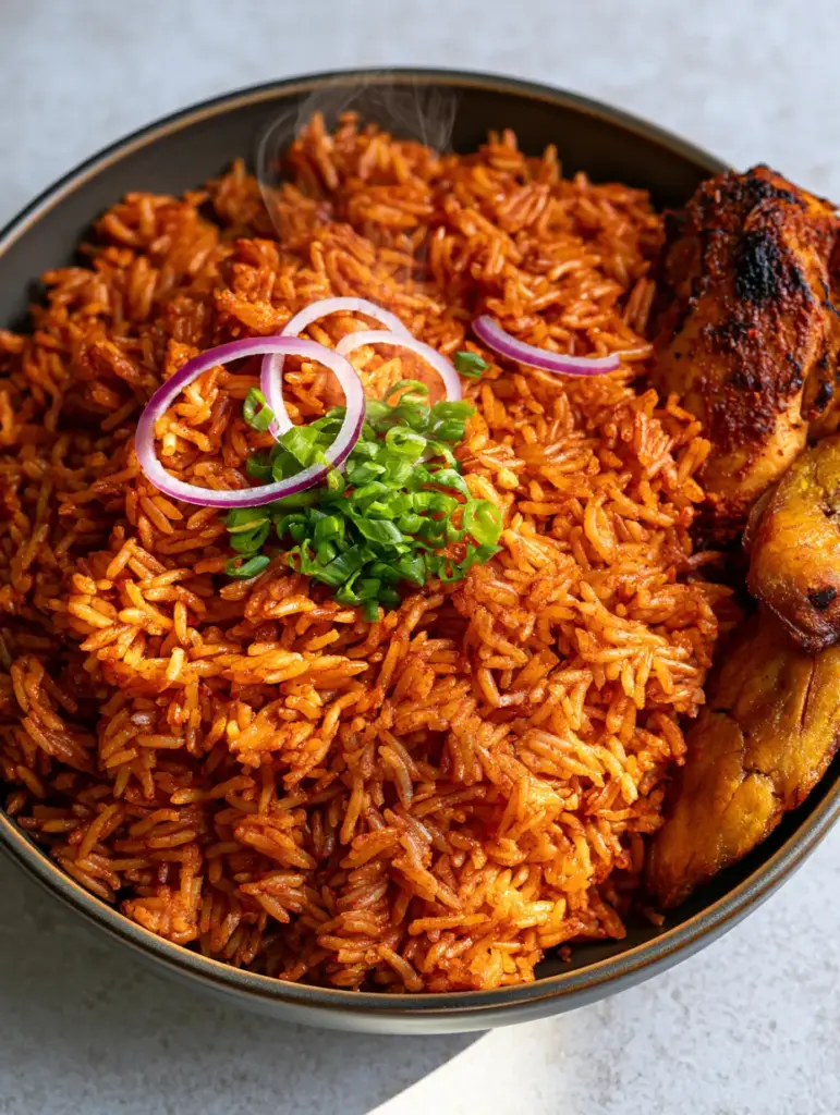 Ghanaian jollof rice topped with raw red onion rings and green scallions, with a side of charred chicken.