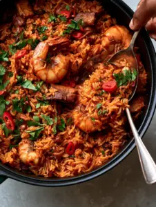 Top-down view of Native Jollof Rice showing vibrant reddish-orange grains and seared jumbo prawns.
