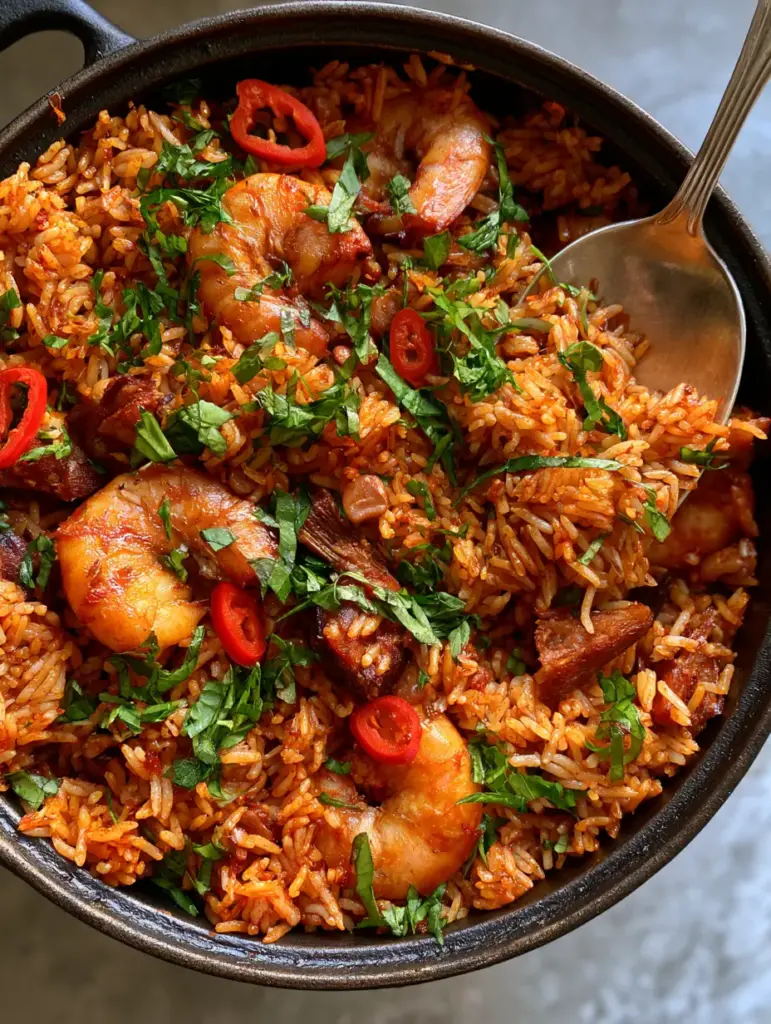Close-up of a silver spoon lifting a portion of steaming Native Jollof Rice from a cast iron pot.