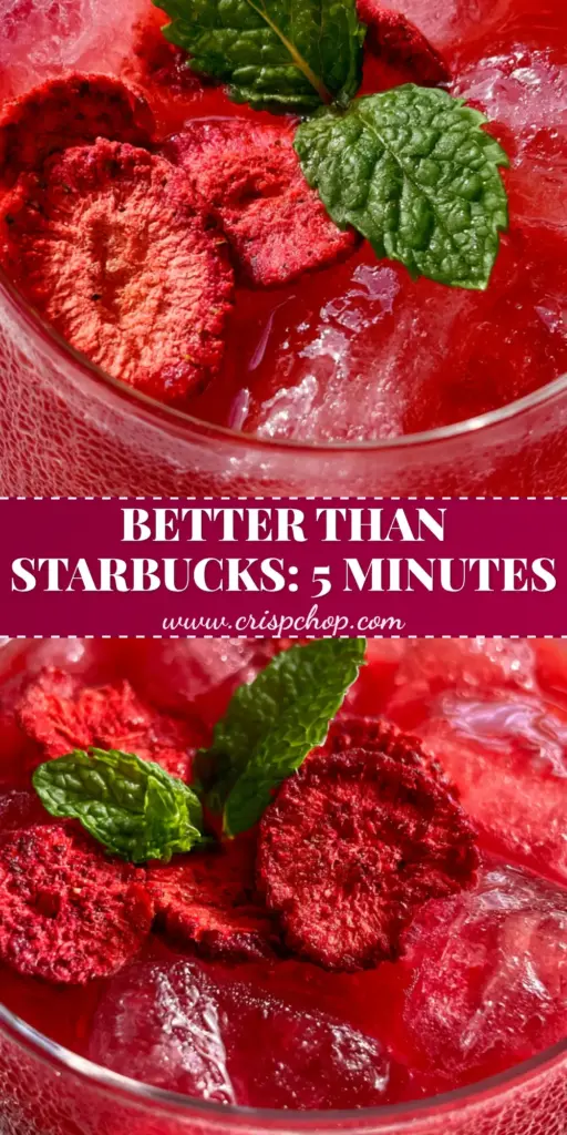 A vibrant magenta strawberry acai refresher in a glass with clear ice and freeze-dried strawberries. (strawberry acai refresher)