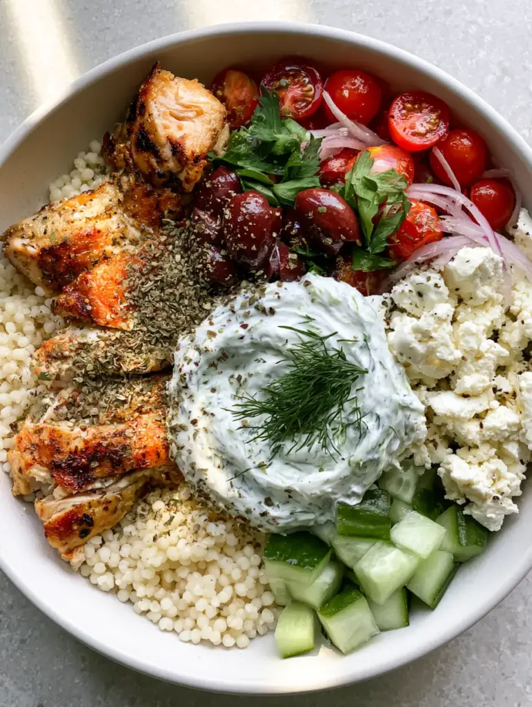 Close-up of massive moist feta cheese crumbles and creamy tzatziki sauce with fresh dill. (Greek dishes)