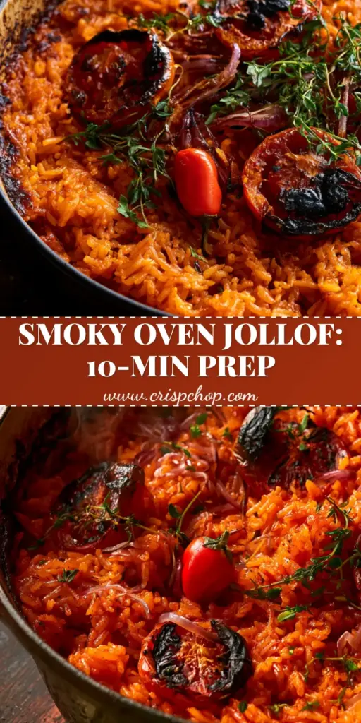 A seasoned cast iron Dutch oven filled with orange-red Jollof Rice topped with charred tomatoes and fresh thyme.