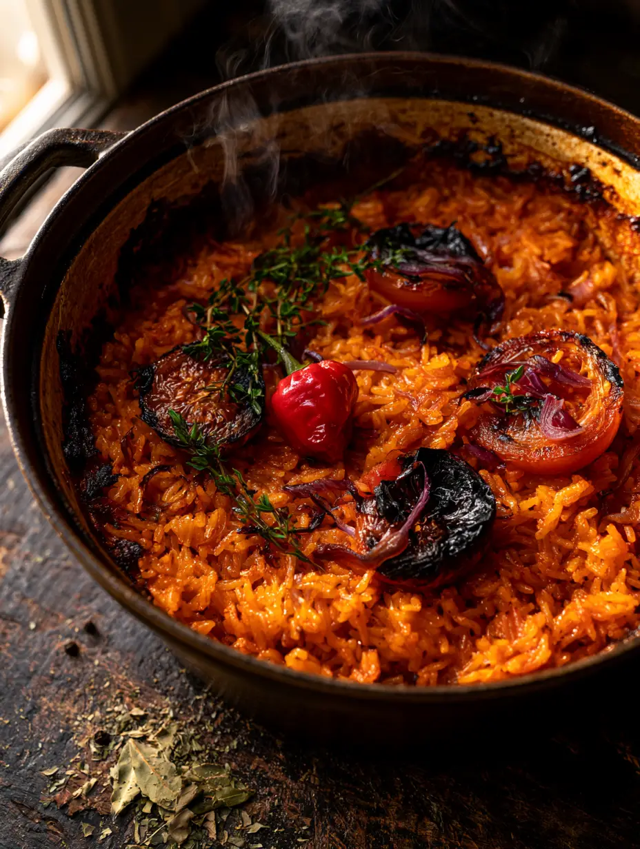 Top-down hero shot of Jollof Rice in a Dutch oven with visible steam and glistening grains.