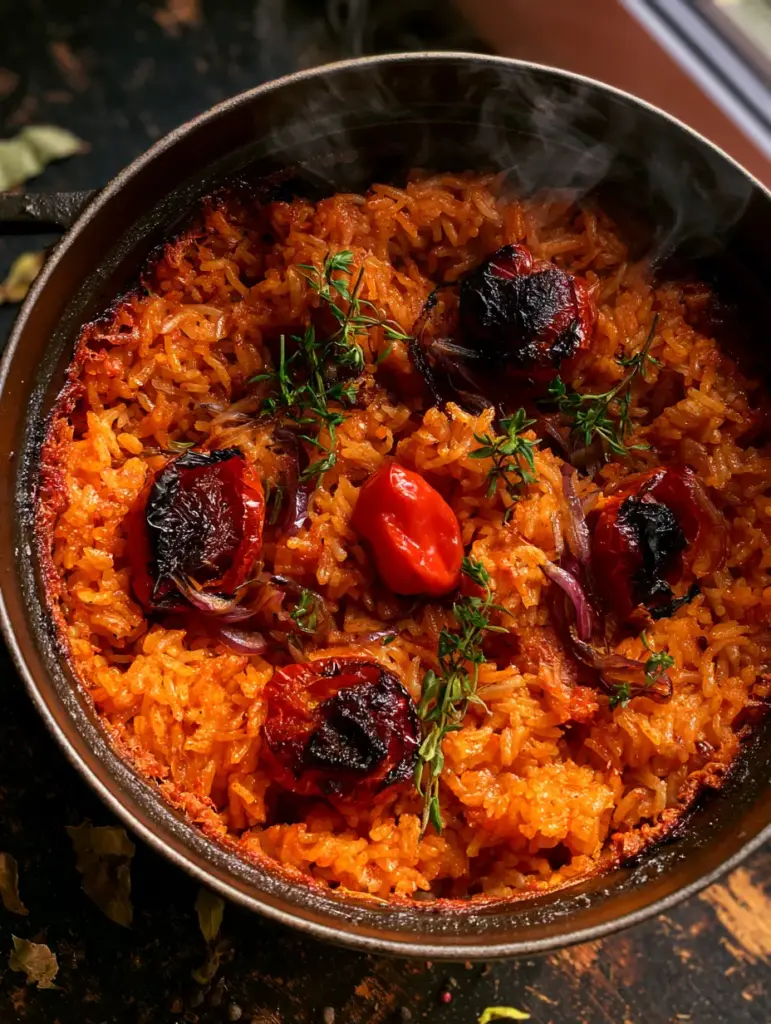 Close up of Jollof Rice edges showing the slightly crispy and caramelized rice near the pot walls.