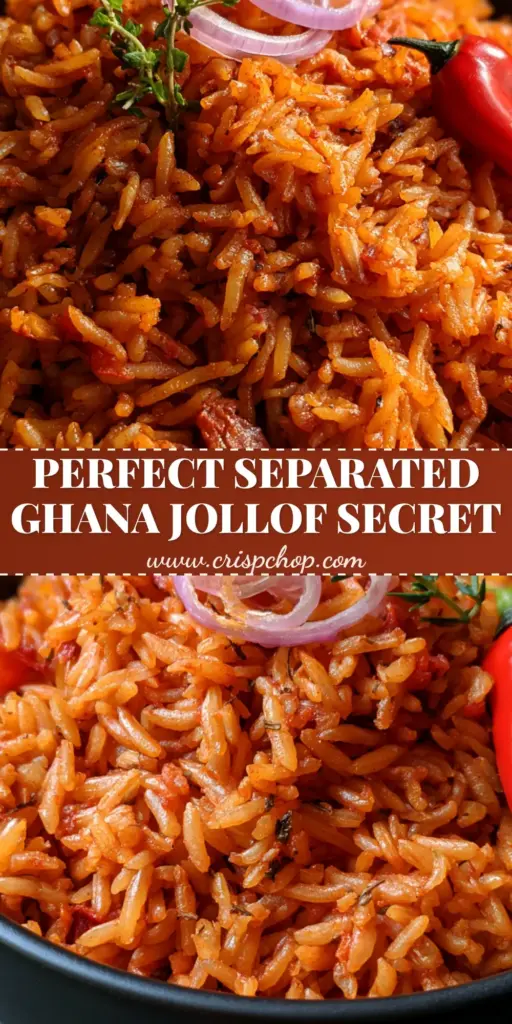 A close-up of a bowl of Ghana Jollof Rice with glistening orange grains, red onion rings, and a whole scotch bonnet pepper.