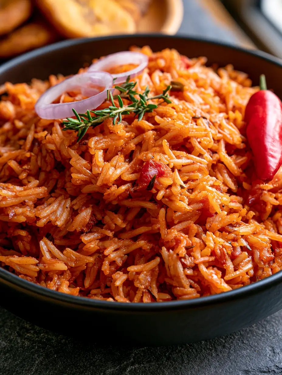 Extreme close-up of individual grains of Ghana Jollof Rice showing tomato specks and oil sheen.