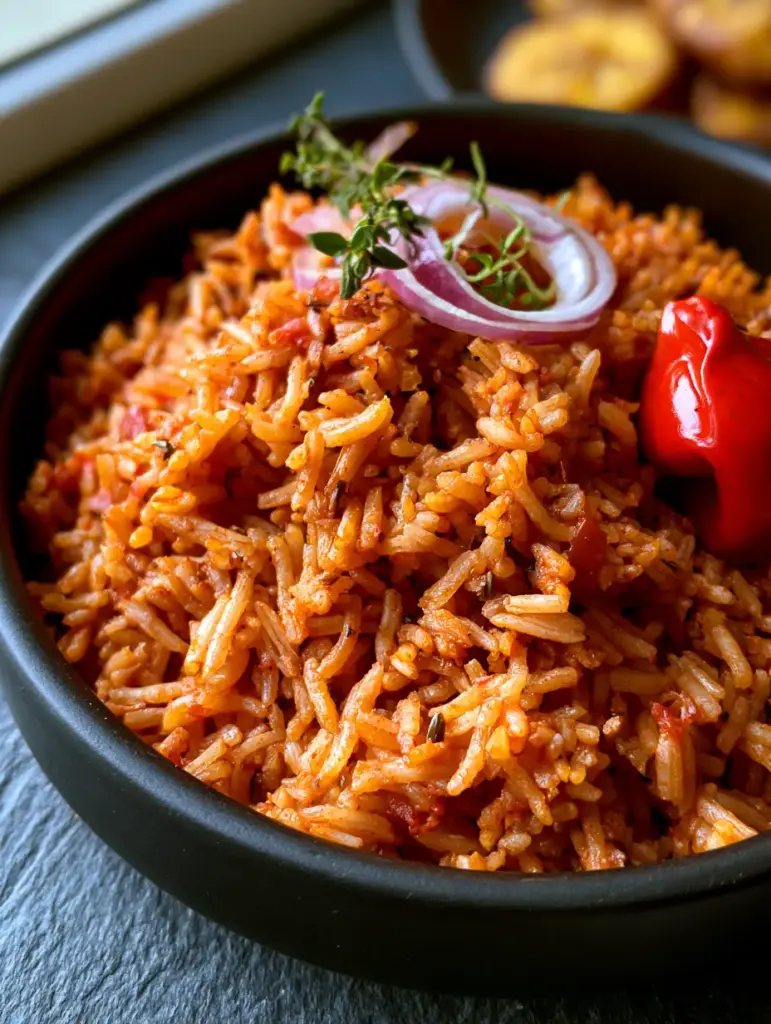 Steaming Ghana Jollof Rice in a matte black bowl garnished with fresh thyme and raw onions.