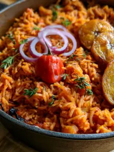 Close up of long-grain Riz Jollof Nigérian with steam vapors and fresh thyme.