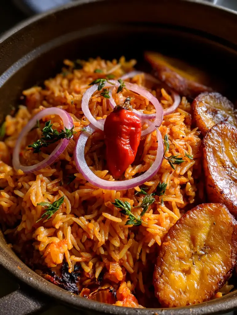 Visualizing the charred edges and caramelized plantains of Riz Jollof Nigérian.