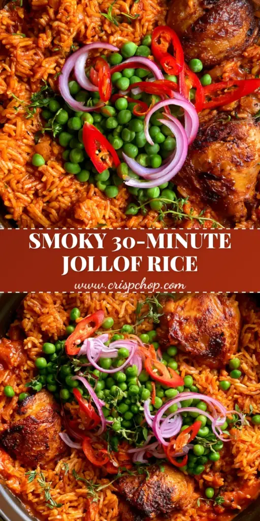 An overhead view of Cameroonian Jollof Rice in a matte black Dutch oven featuring crimson grains, golden-brown chicken drumsticks, green peas, and fresh chilies.