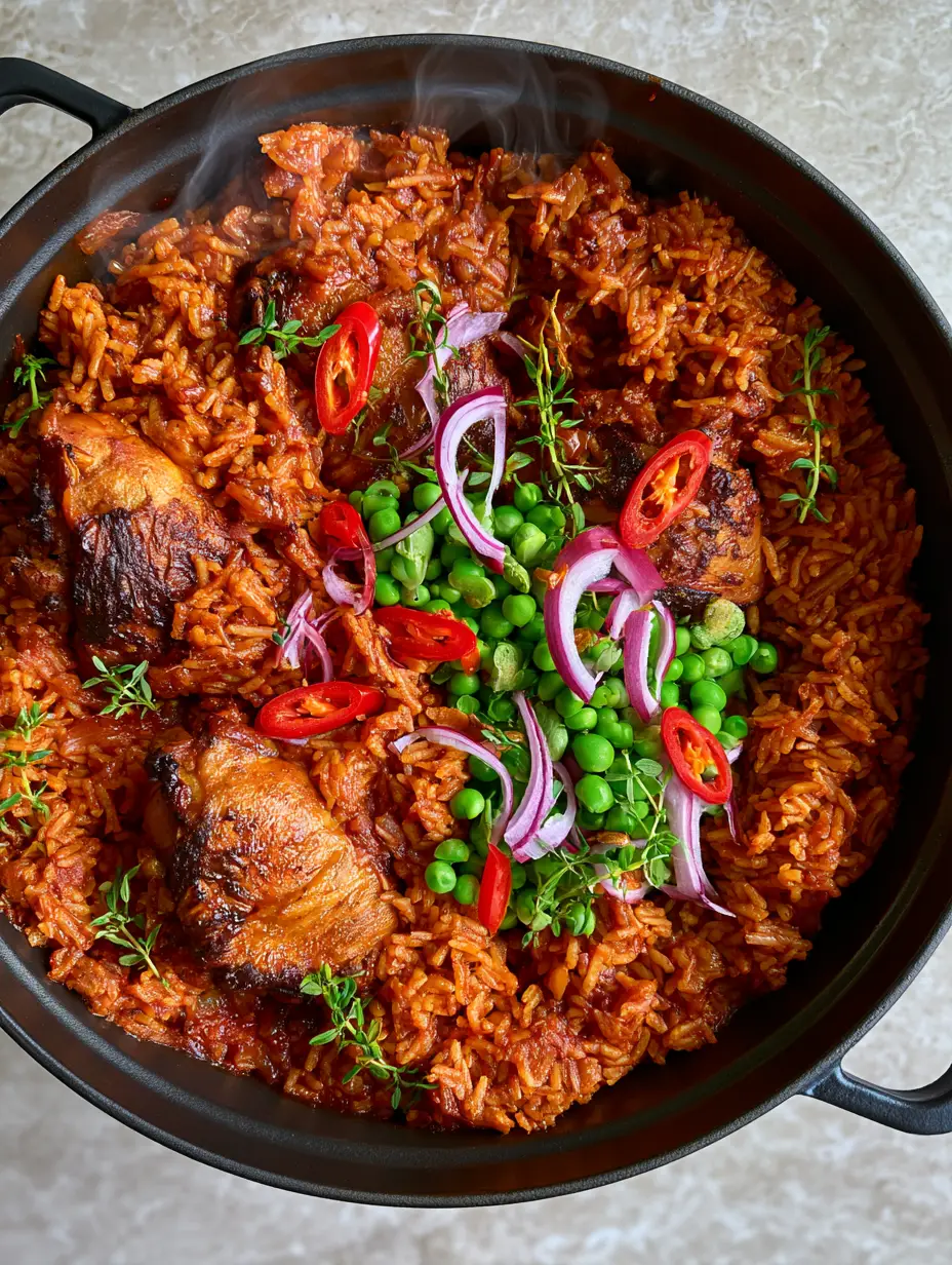 Top-down view of fluffy crimson Cameroonian Jollof Rice with distinct long grains and crispy chicken drumsticks.