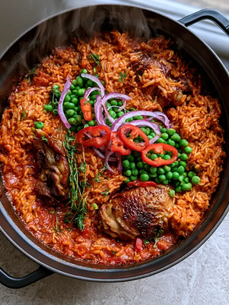 A close-up of Cameroonian Jollof Rice garnishes including raw red onion curls, green peas, and fresh red chilies.