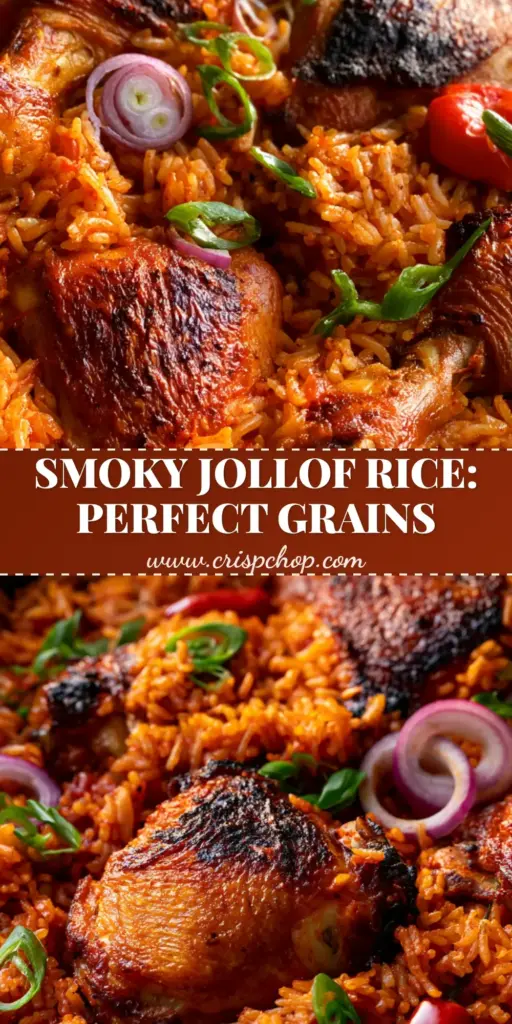 A rustic black cast iron pot filled with vibrant orange-red Chicken Jollof Rice, topped with seared chicken thighs, red onion rings, and scallions.