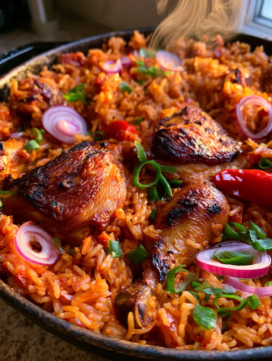 Close-up of Chicken Jollof Rice in a cast iron pot showing the glossy texture of the long-grain rice and charred chicken skin.