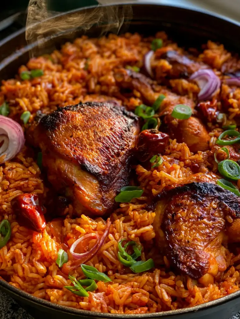 Overhead view of Chicken Jollof Rice garnished with fresh red onion rings and green scallions with steam rising.