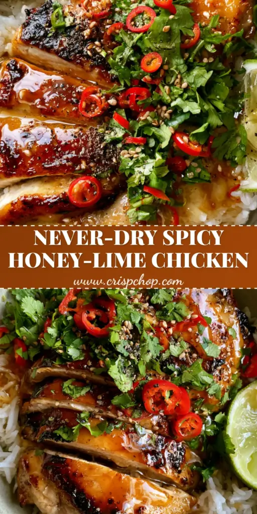 A close-up of sliced seared chicken thighs with a thick amber honey-lime glaze on jasmine rice. (Spicy Honey-Lime Chicken)
