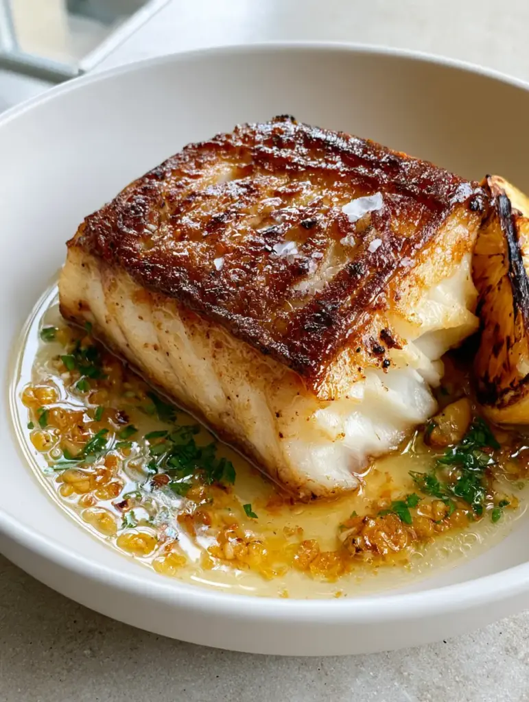 Glossy translucent lemon garlic butter sauce with toasted garlic bits over seared sea bass. (Chilean sea bass recipe)