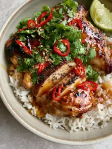 Top-down view of glistening Spicy Honey-Lime Chicken with charred edges and red chilies over jasmine rice. (Spicy Honey-Lime Chicken)