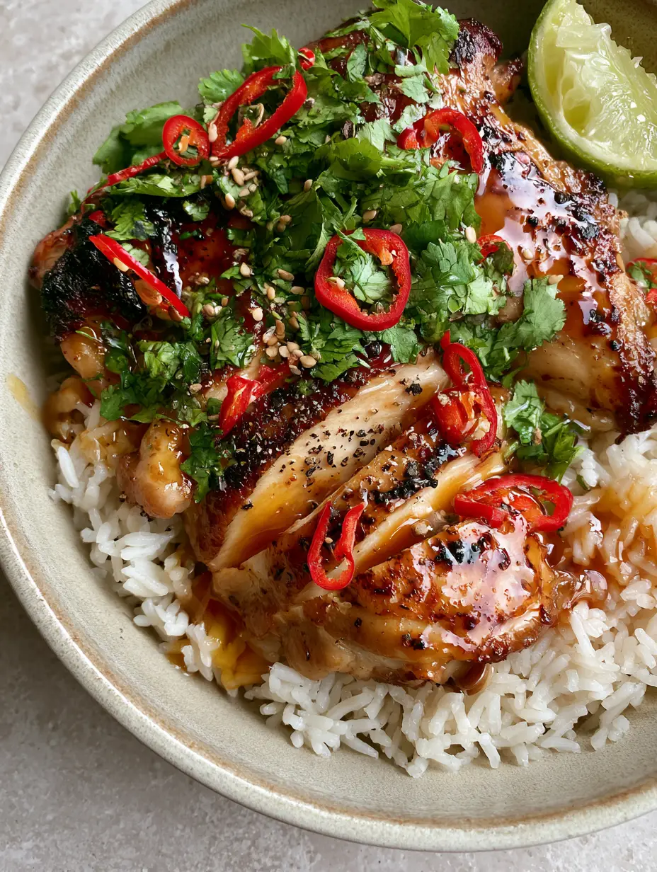 Top-down view of glistening Spicy Honey-Lime Chicken with charred edges and red chilies over jasmine rice. (Spicy Honey-Lime Chicken)