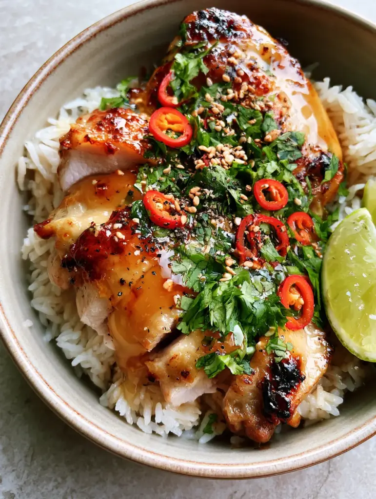 Close-up of the honey-lime glaze dripping down sliced chicken thighs garnished with cilantro and sesame seeds. (Spicy Honey-Lime Chicken)