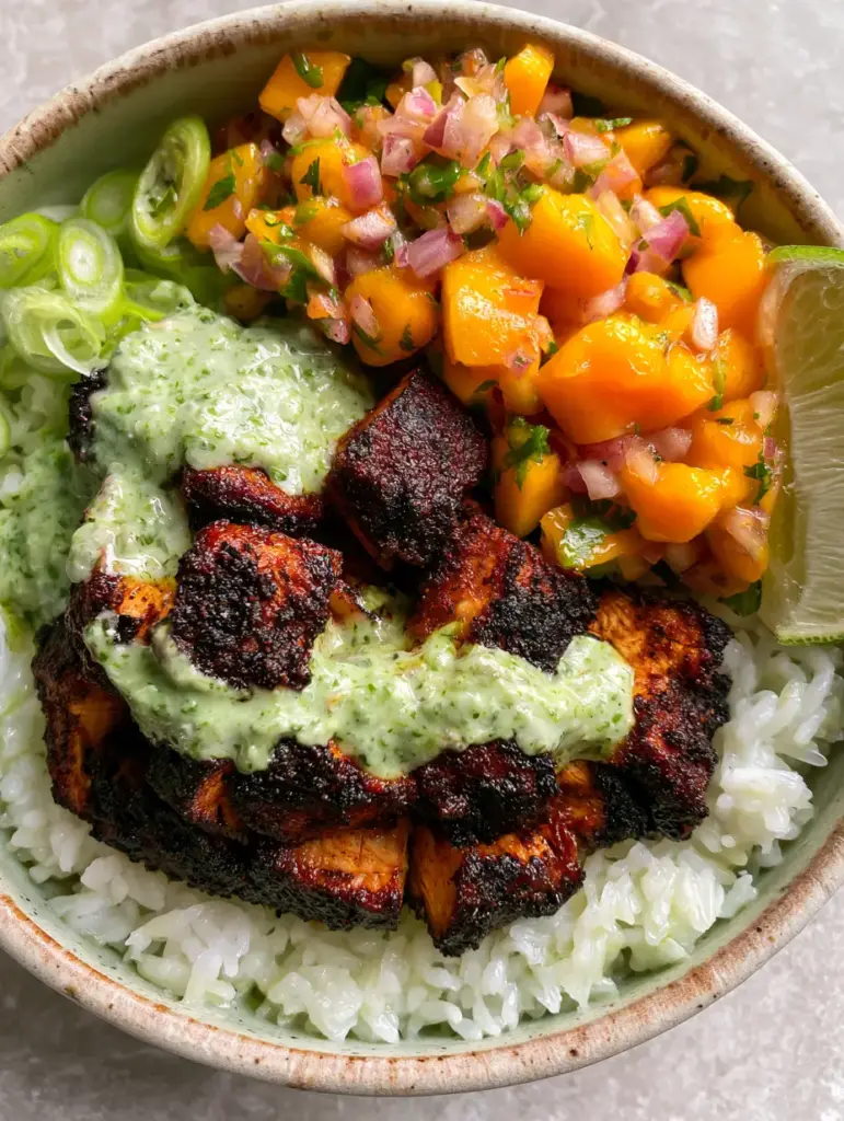 Jerk Chicken Bowl with Glistening Coconut Jasmine Rice and Mango Salsa 1 A vibrant bowl featuring mango salsa with red onion flecks and a glossy lime crema drizzle. (Jerk chicken bowl)