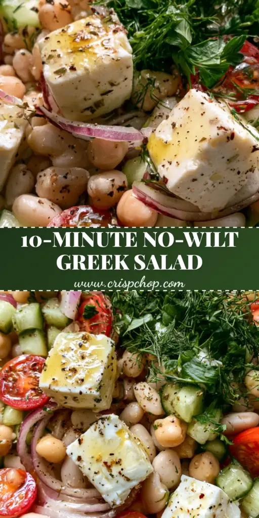 A vibrant close-up of a Greek bean salad featuring white cannellini beans, chickpeas, diced cucumbers, and cubes of feta in a glass meal prep container.