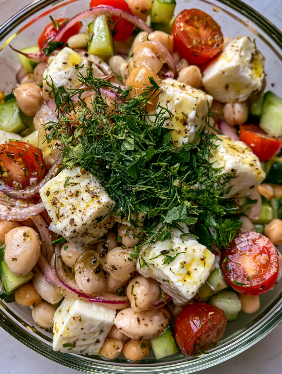 Detailed shot of glossy lemon-oregano vinaigrette on cannellini beans and chickpeas with fresh herbs.