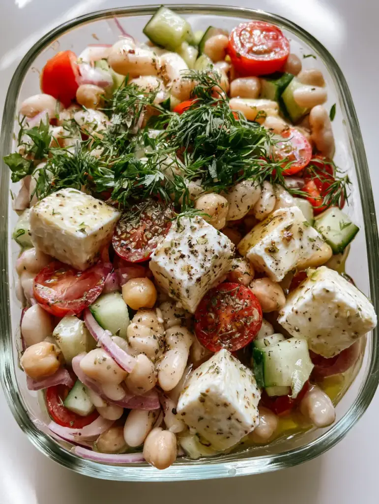 Overhead view of Greek bean salad with large cubes of sheep milk feta and heirloom cherry tomatoes.