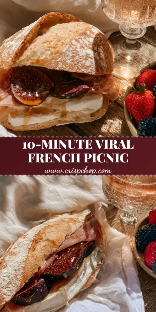 A crusty sourdough baguette sandwich with brie and figs for Bastille Day recipes picnic.