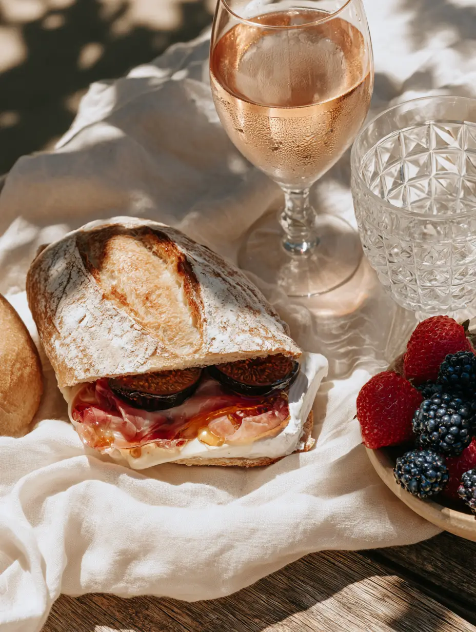A high-angle shot of a French picnic spread featuring brie and fig baguette and rosé wine. (Bastille Day recipes)