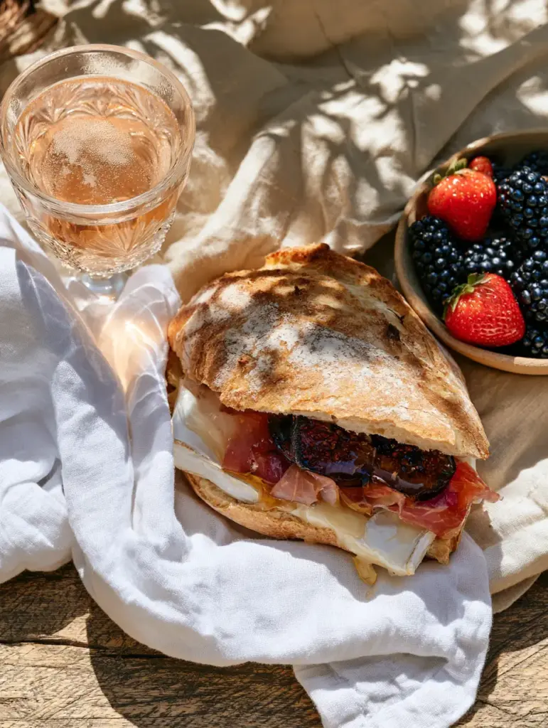 Close up of a brie and prosciutto sandwich with honey drizzle and fresh berries. (Bastille Day recipes)