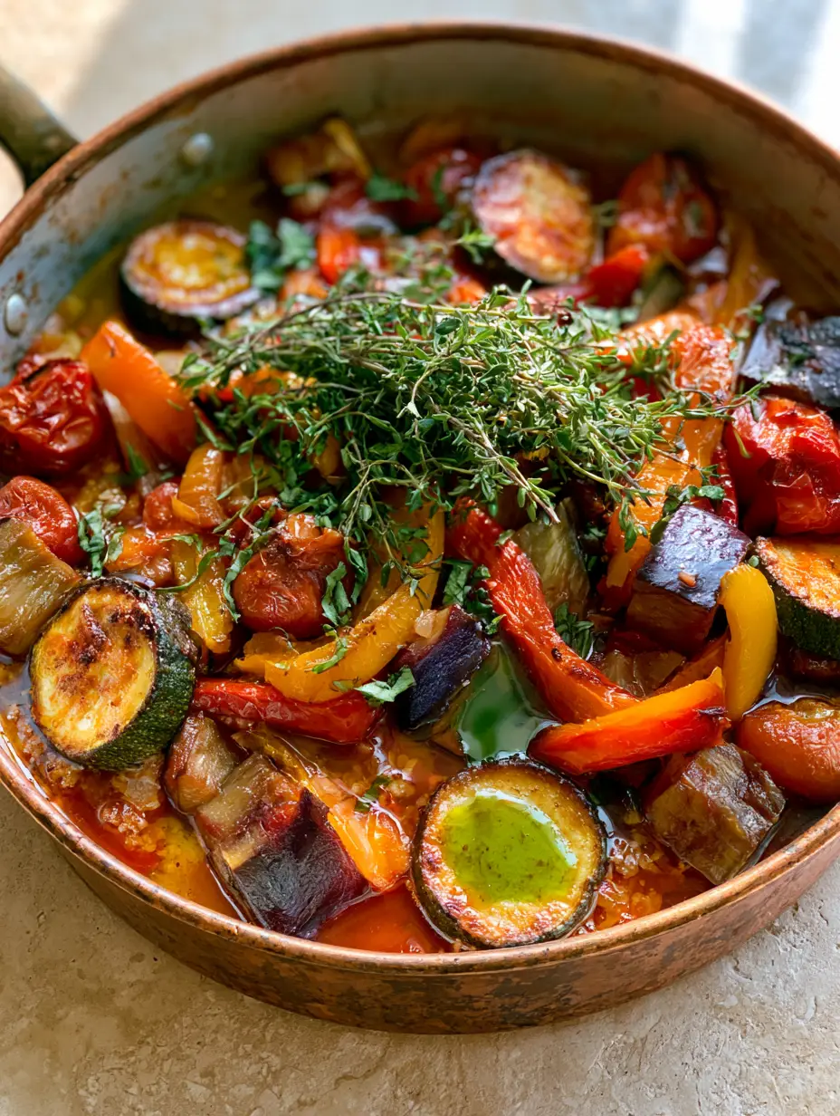 Close-up of seared zucchini and blistered tomatoes in a glossy emulsion. (Provençal recipes)
