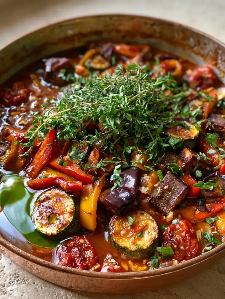 A colorful overhead shot of purple eggplant cubes and vibrant bell pepper strips in a copper pan.