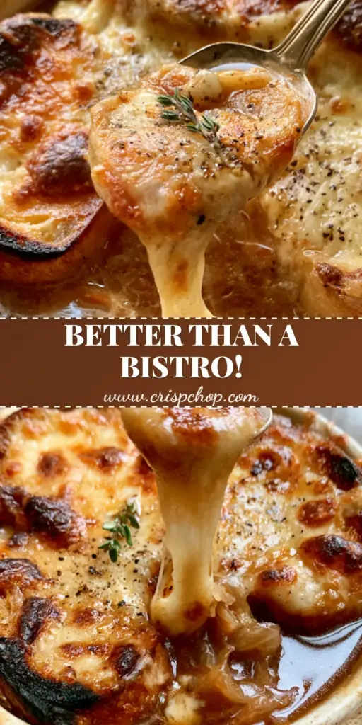 A rustic white crock of French Onion Soup, a classic French comfort food, featuring bubbly Gruyere cheese and a charred crust.