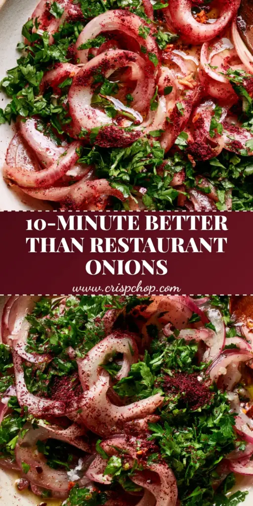 A top-down shot of a sumac onion salad in a rustic white bowl with glossy onions and vibrant green parsley.