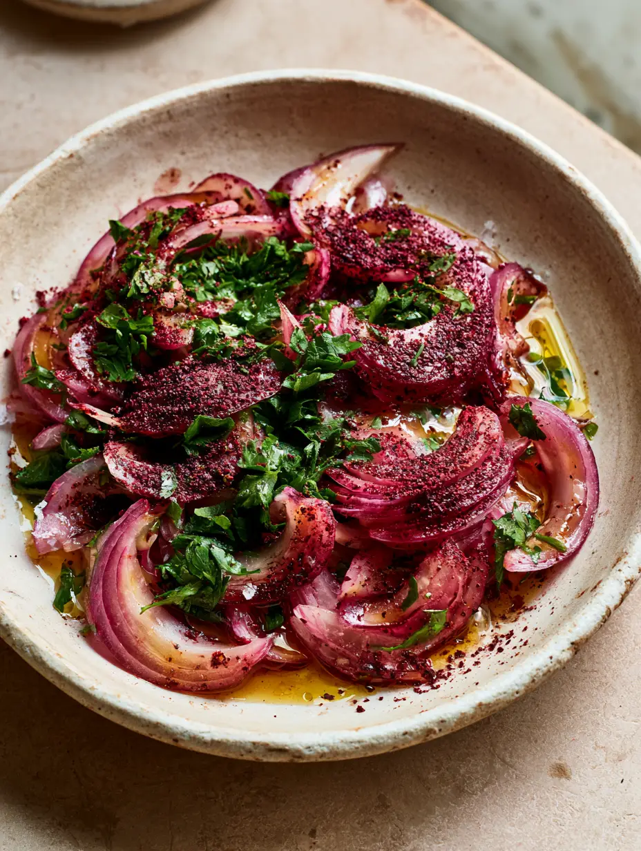Turkish Onion Salad (Sumac Onions): The Ultimate Vibrant Side Dish 3 Close up of translucent red onion crescents dusted with dark burgundy sumac spice for Turkish onion salad.