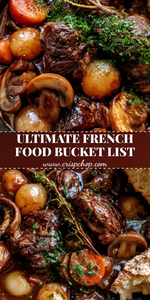 A close-up of Beef Bourguignon, one of the most famous foods in France, served in a matte stoneware bowl with a rustic baguette.