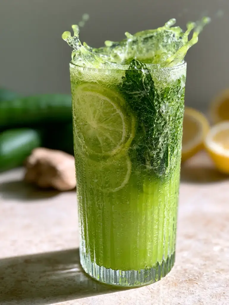 Smartphone photo of a vibrant emerald green juice in a ribbed glass with translucent lime slices and mint leaves. (juice recipes)