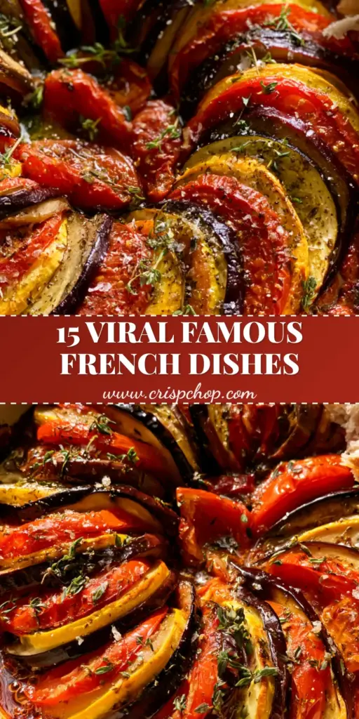 A top-down angled shot of a classic French Ratatouille spiral in a matte ceramic dish. (famous French dishes)