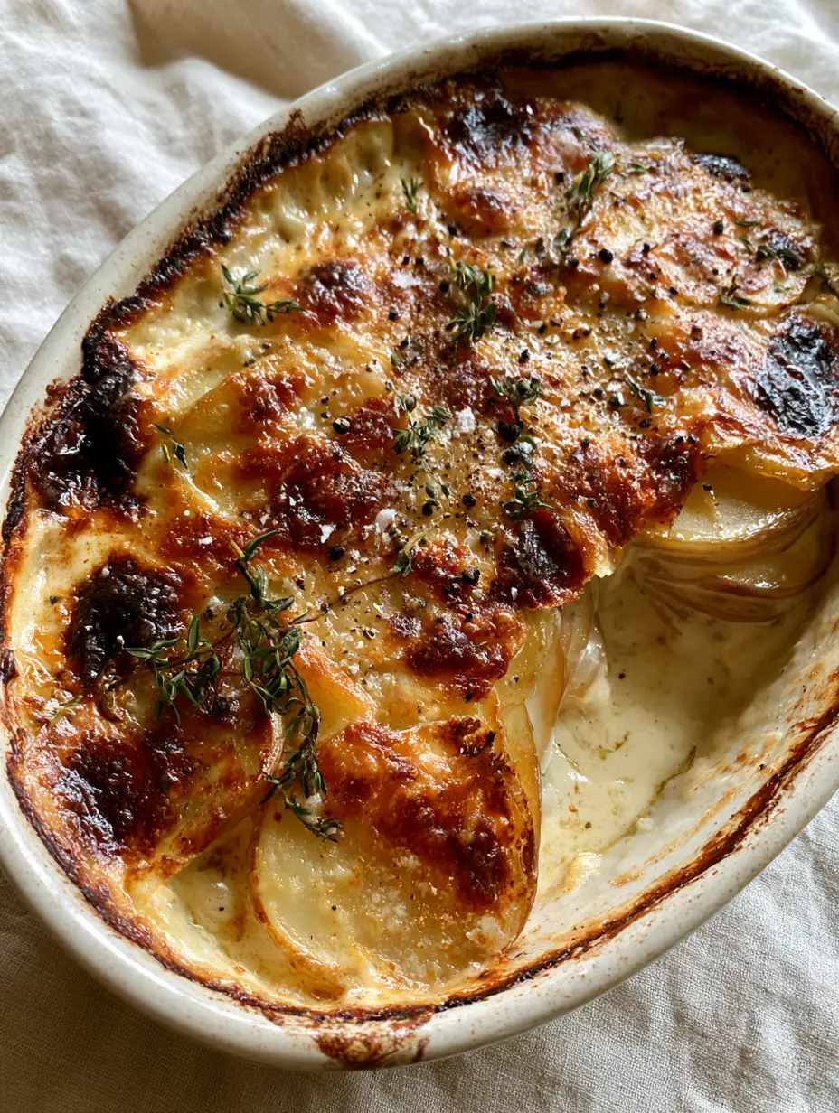 Overhead view of paper-thin Yukon Gold potatoes submerged in garlic-infused cream, a classic among French side dishes.