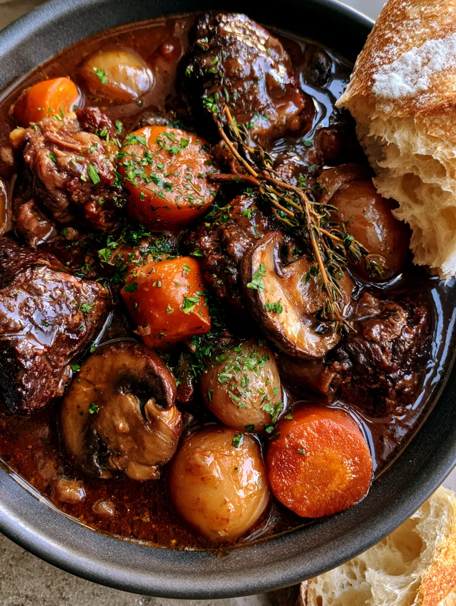 Top-down macro shot of glossy red wine reduction sauce and tender beef chunks, showcasing famous foods in France.