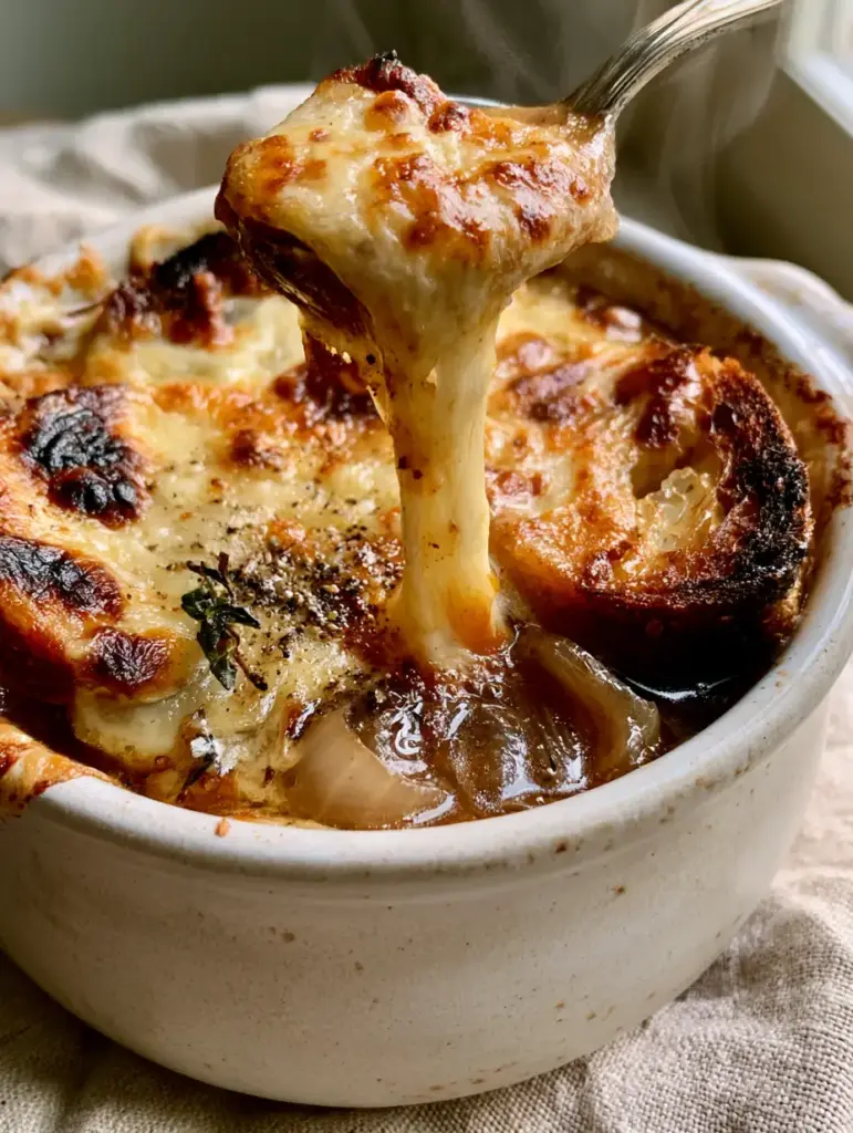 A long, stretchy strand of melted Gruyere cheese being lifted from a bowl of French comfort food.